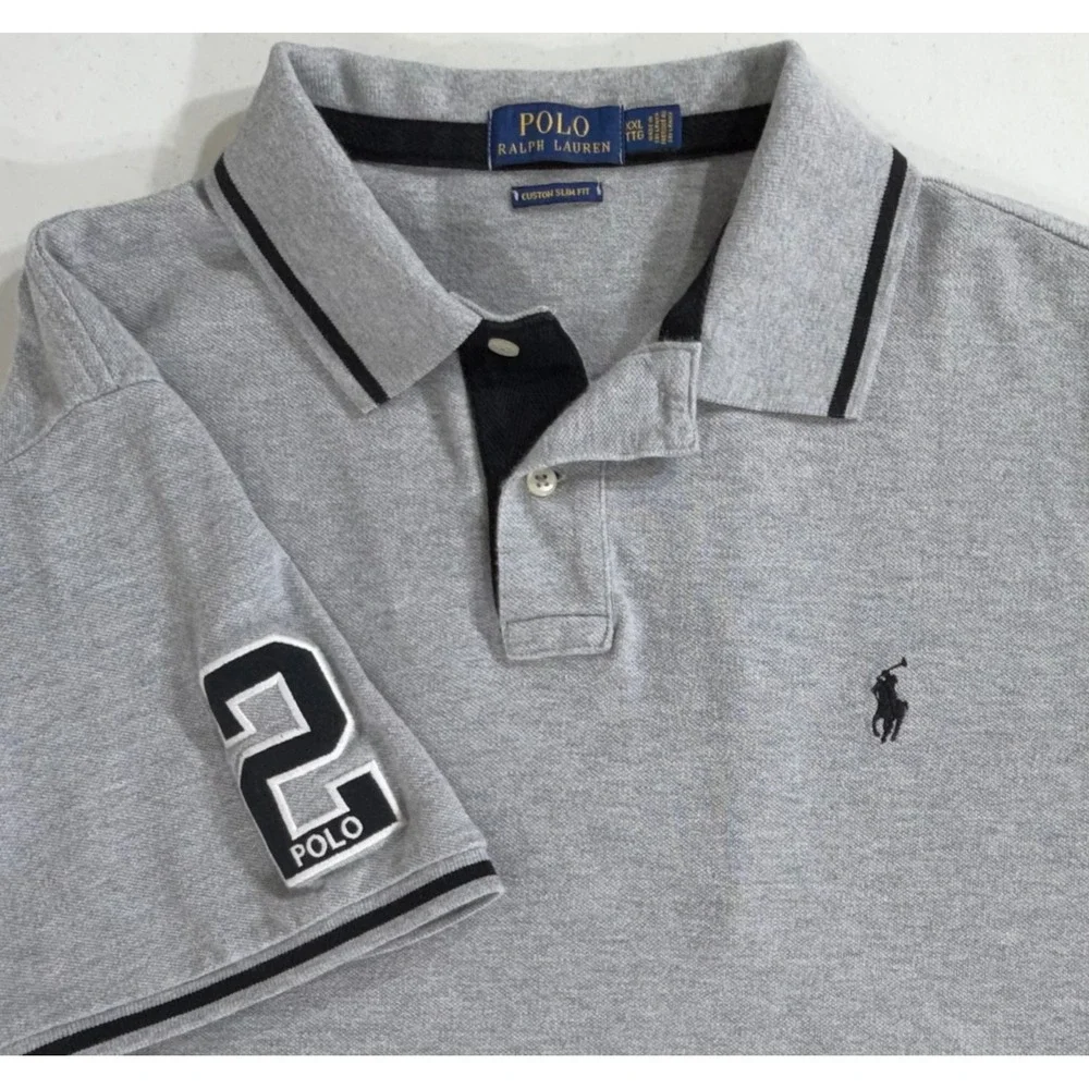 Polo Ralph Lauren Gray Knit Polo Shirt XXL Custom Slim Fit Number 2 Patch